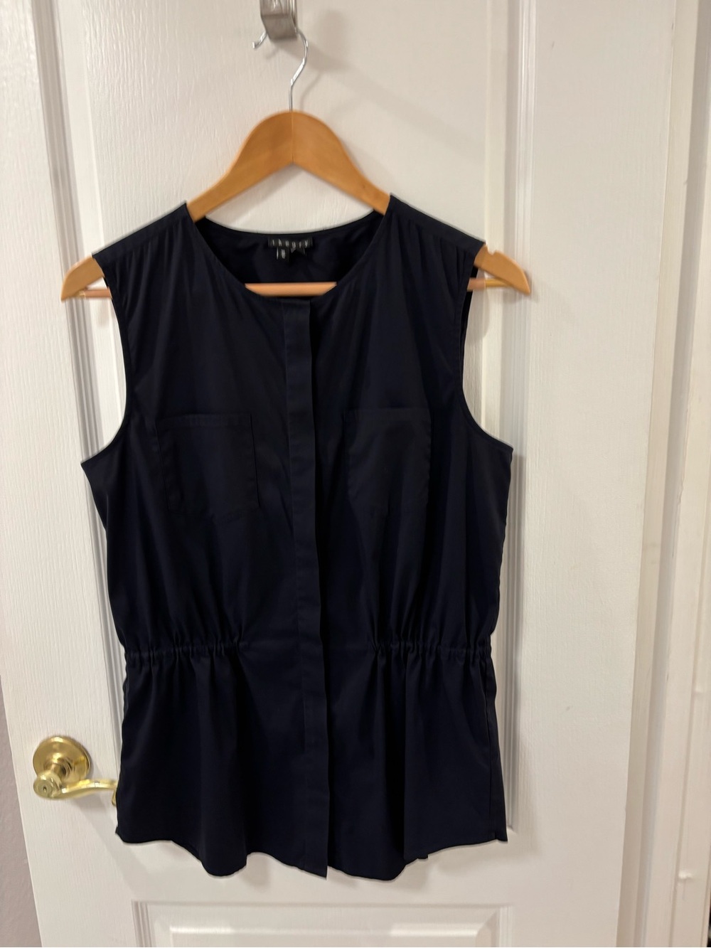 Theory Cinched Waist Sleeveless Black Top